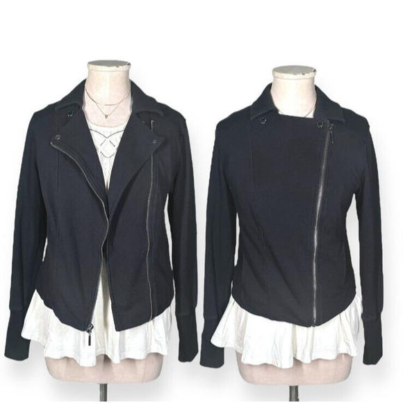 H BY HALSTON Moto Biker Style Jacket French Terry Draped Stretch Zip Up Black 8 - Picture 1 of 12